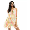 Plunge pleated tiered mini dress in stripe