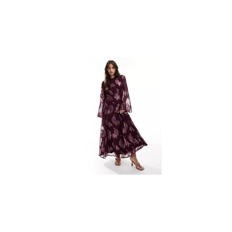 Metallic long sleeve midi dress with frill cuffs in purple